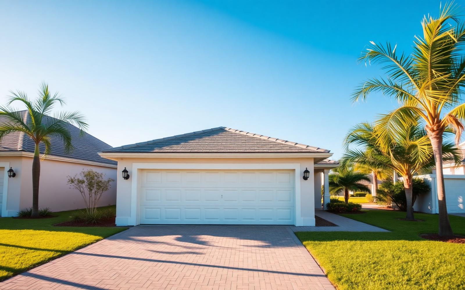 White paneled two-car garage door on a Cape Coral home framed by palm trees