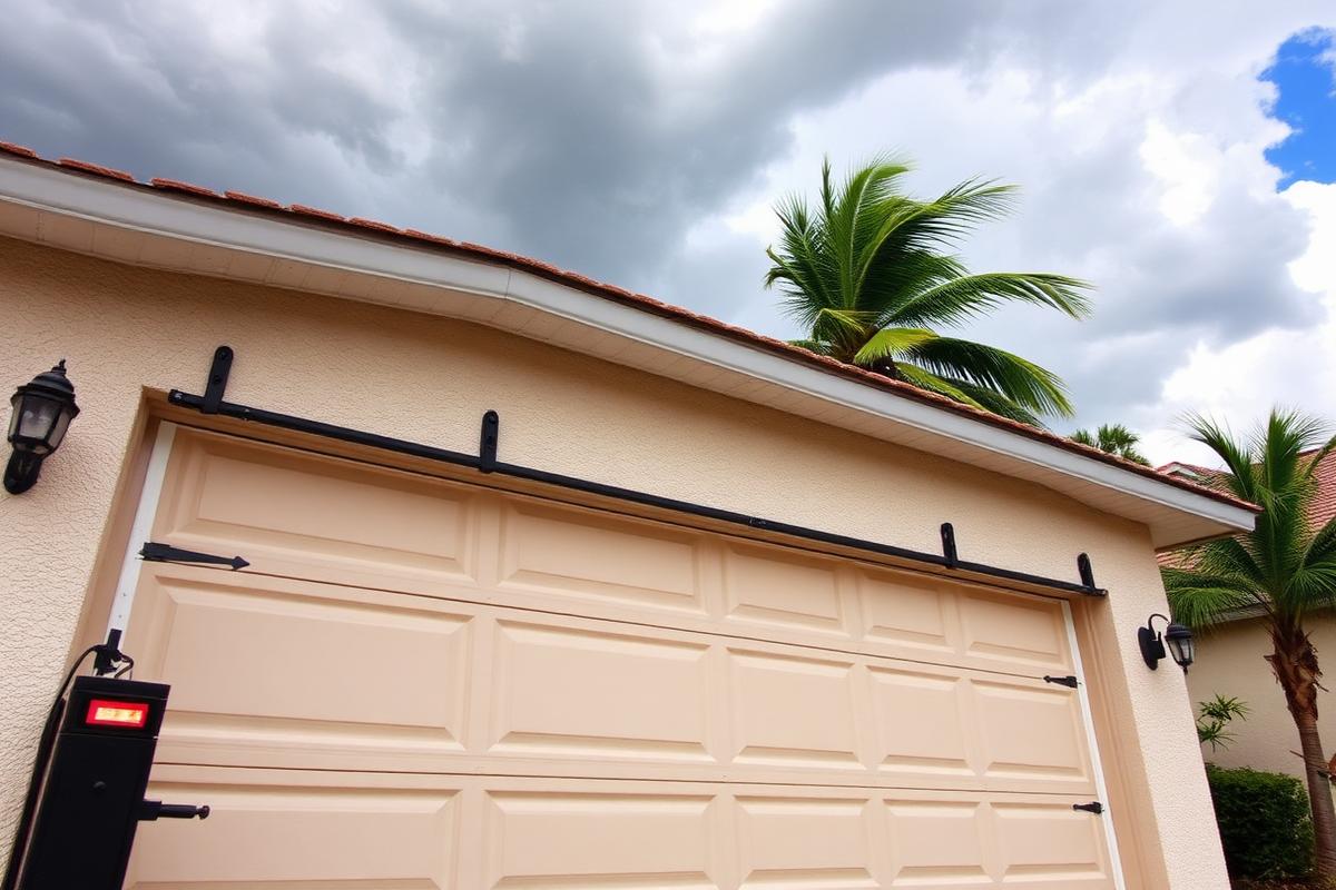 Hurricane bracing struts installed across a garage door on a Southwest Florida home